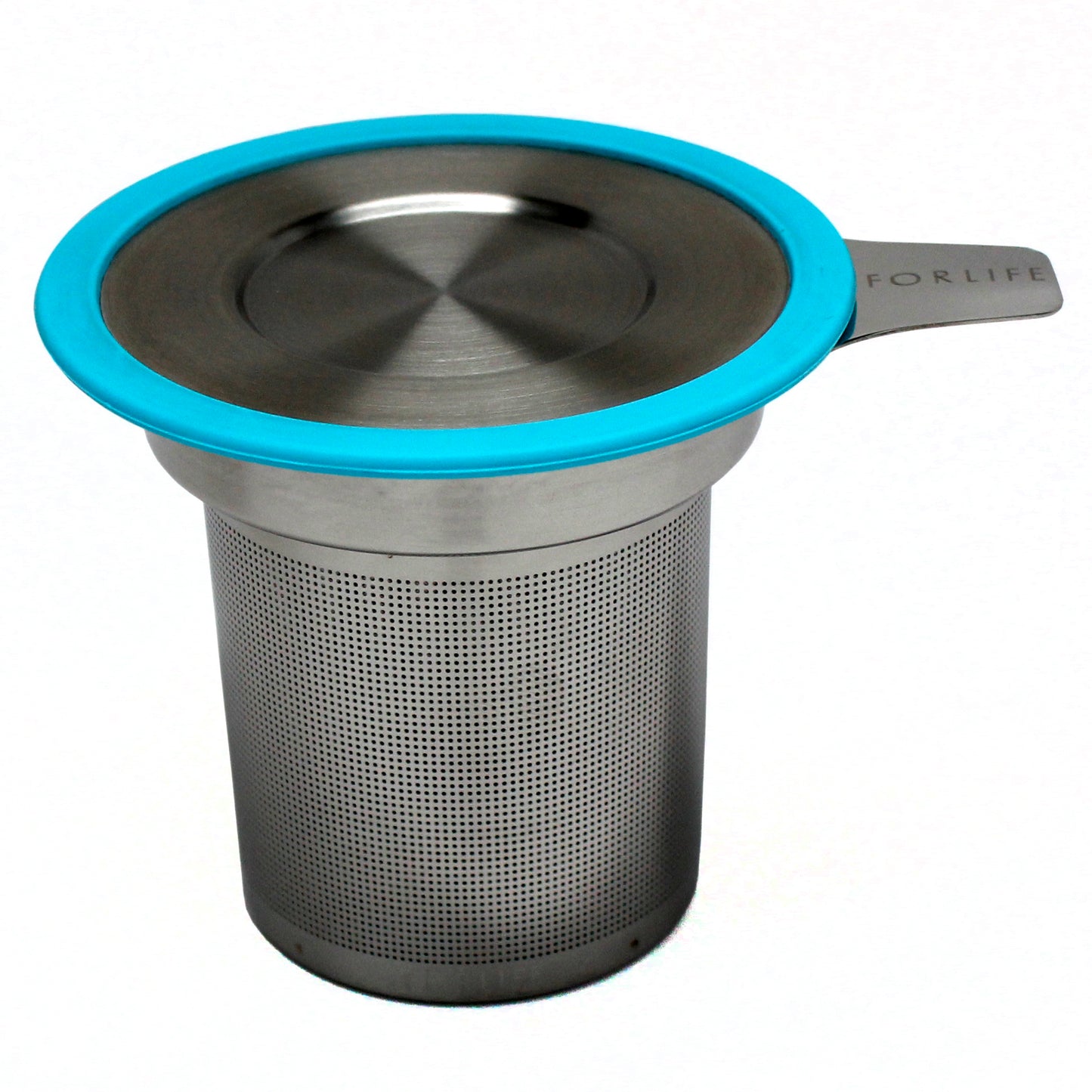 Tea Infuser with blue rimmed lid.