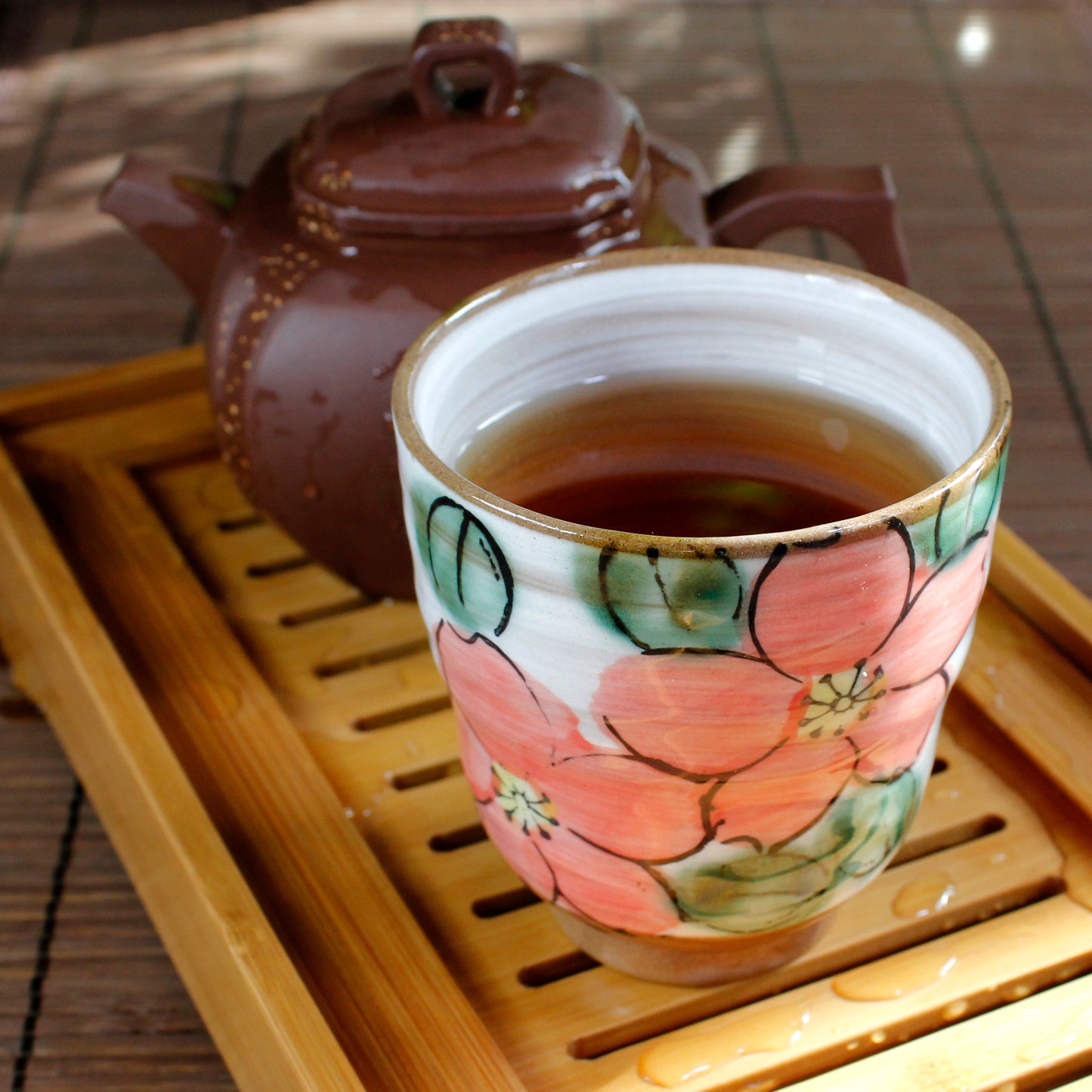 Ceramic Hand-Painted Red Flower Cup - 8.5 oz