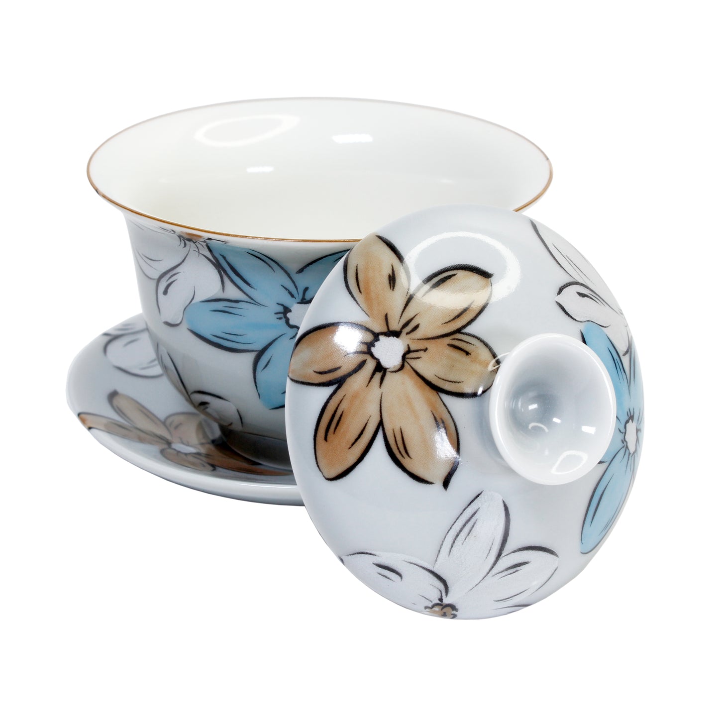 Ceramic gaiwan with light blue, white and light brown floral design white matching lid and saucer on a white background