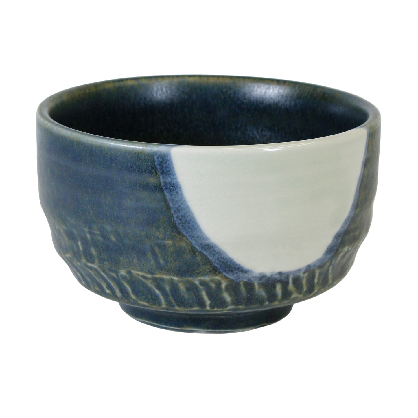 Green Chawan matcha bowl with white blue spot in the side with texture on a white background.