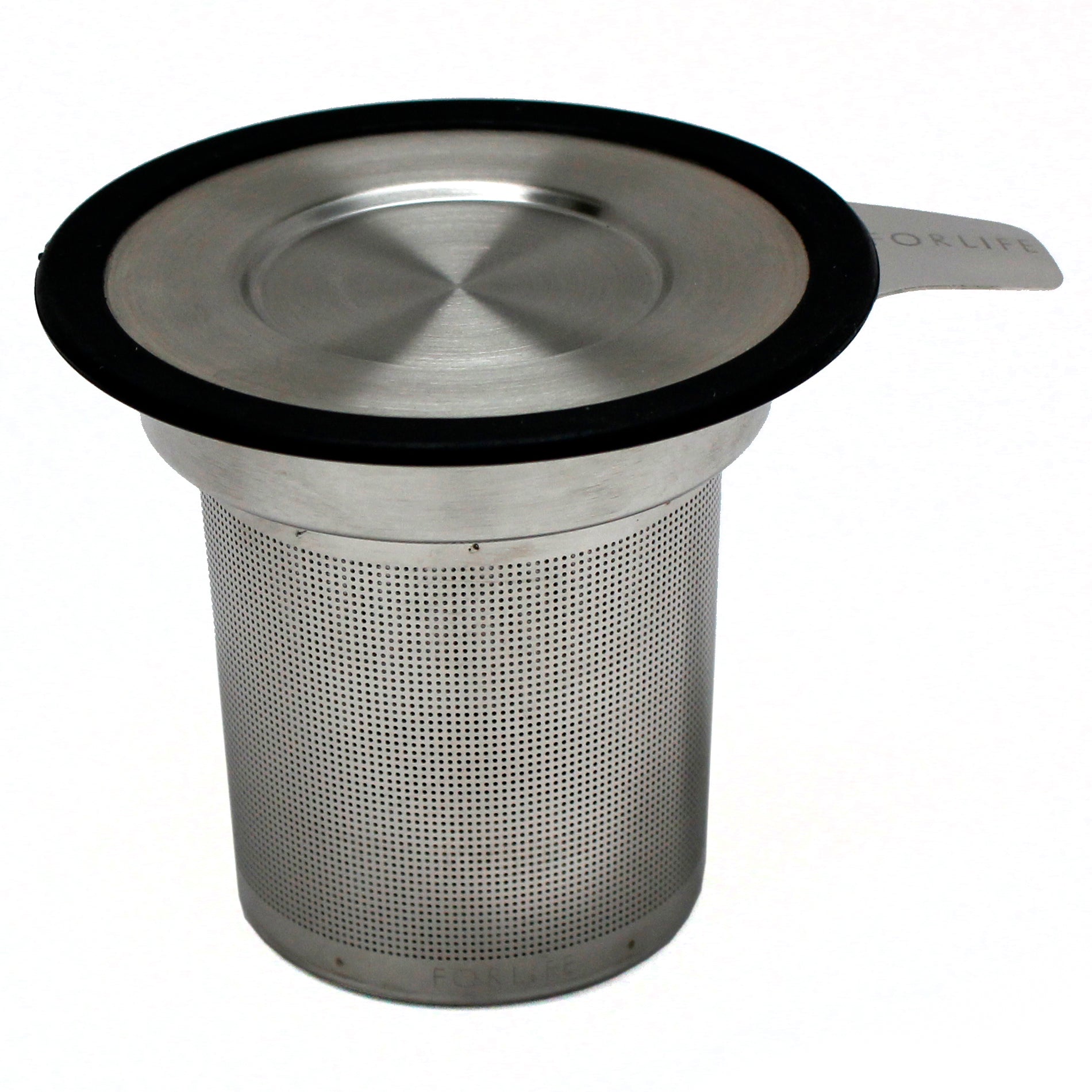 Tea infuser with black rimmed lid.