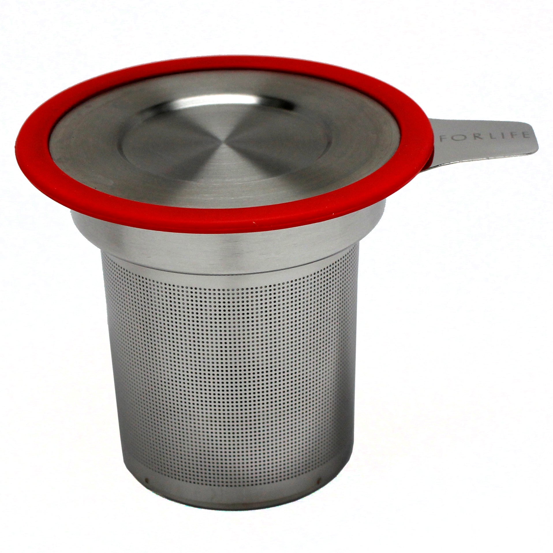 Tea infuser with red rimmed lid.