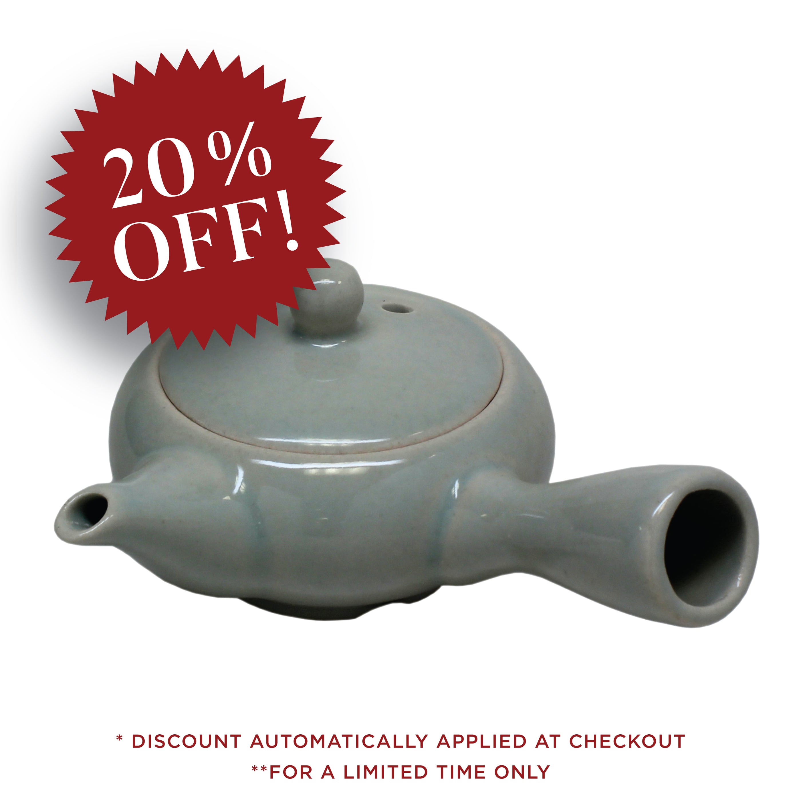 Gray ceramic teapot with a red discount label on a white background