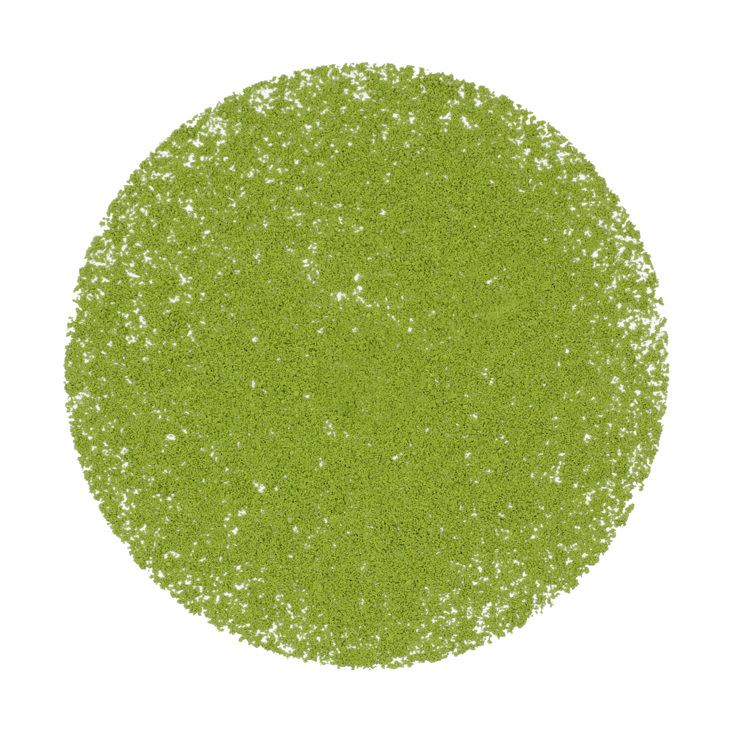 Loose pile of Aoarshai Matcha on a white background. Ingredients: Camellia sinensis leaves.