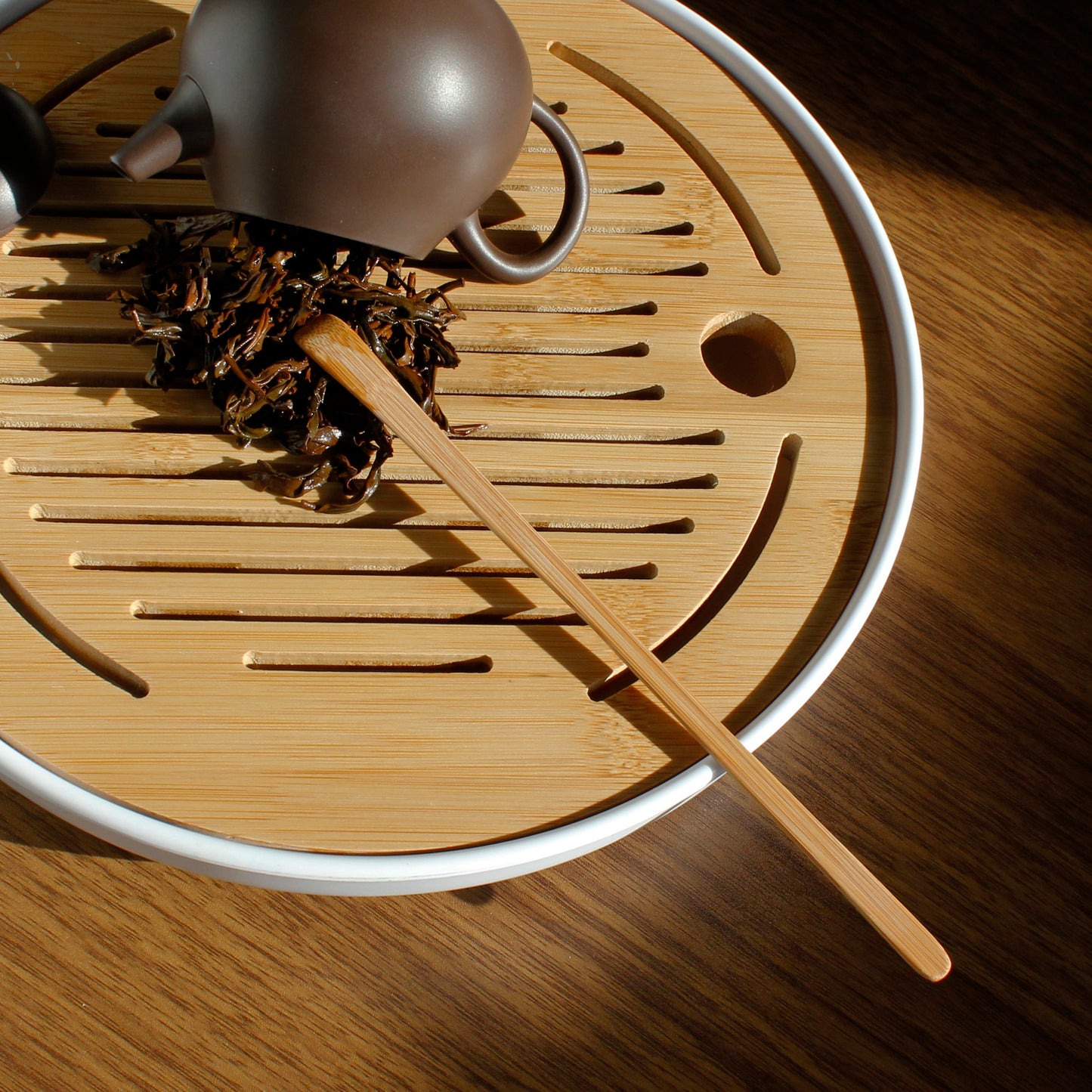 Bamboo Tea Rake - with teapot and wet leaves