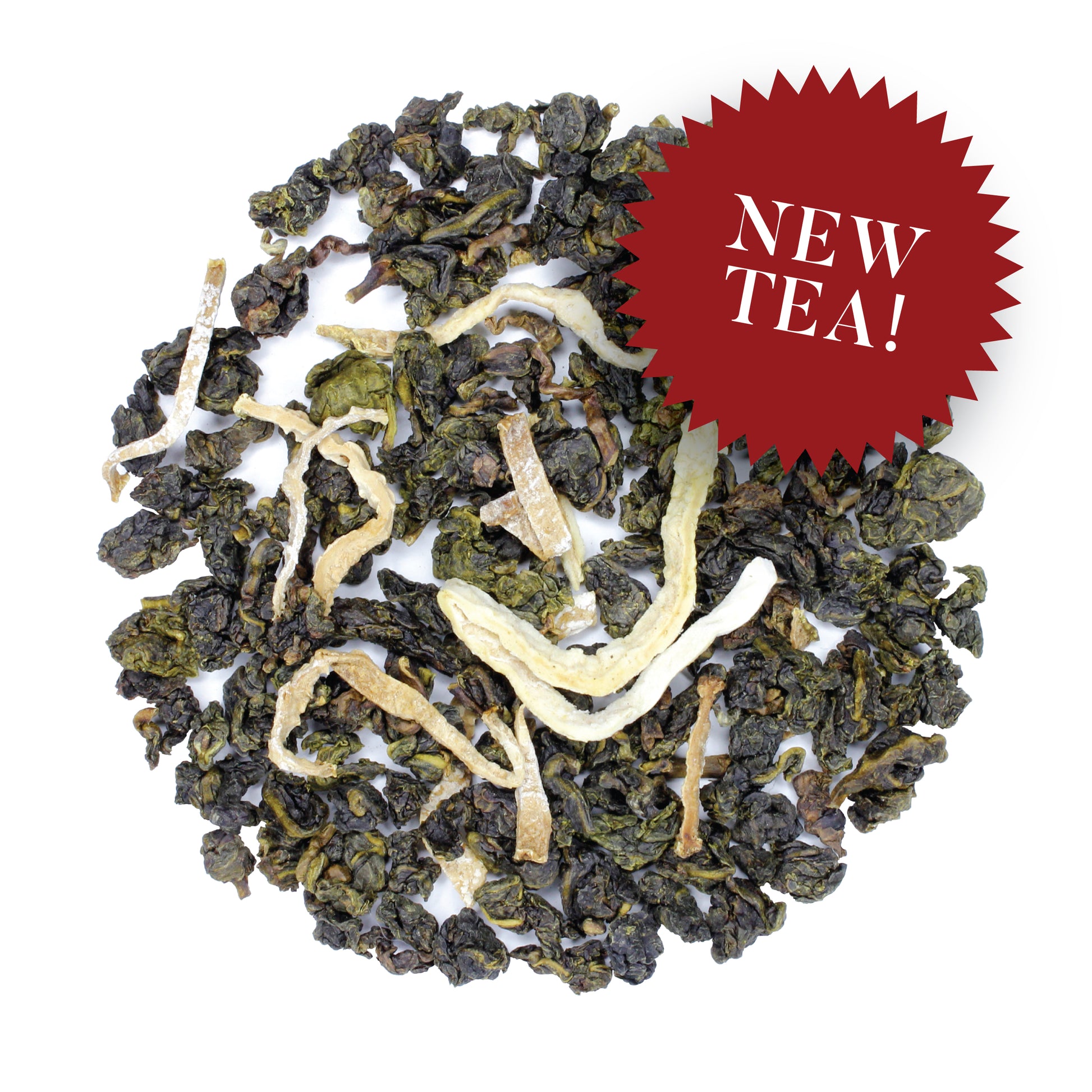 Loose pile of Bergamot Oolong - product  sitting on white background - new - fresh. Ingredients: Camellia sinensis leaves &amp; bergamot peel.