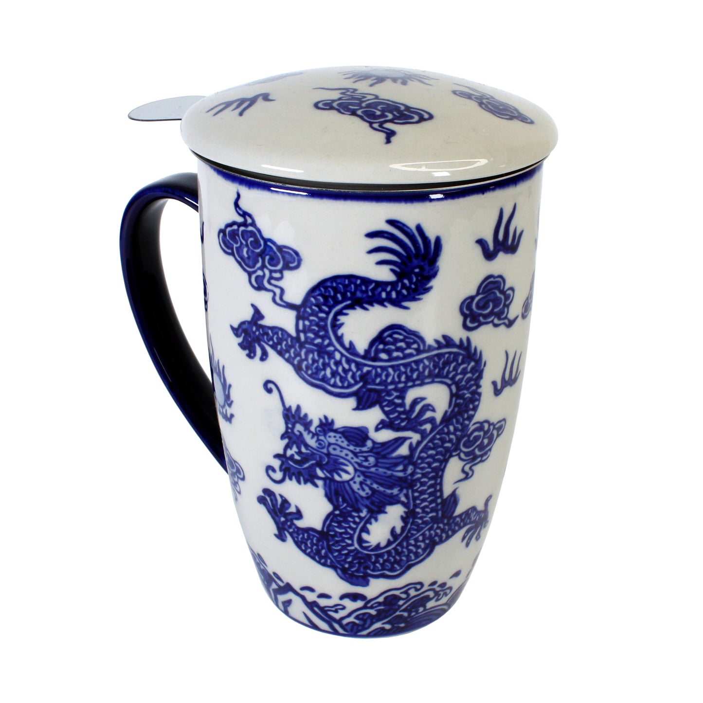 White mug with blue dragon design and matching lid on a white background