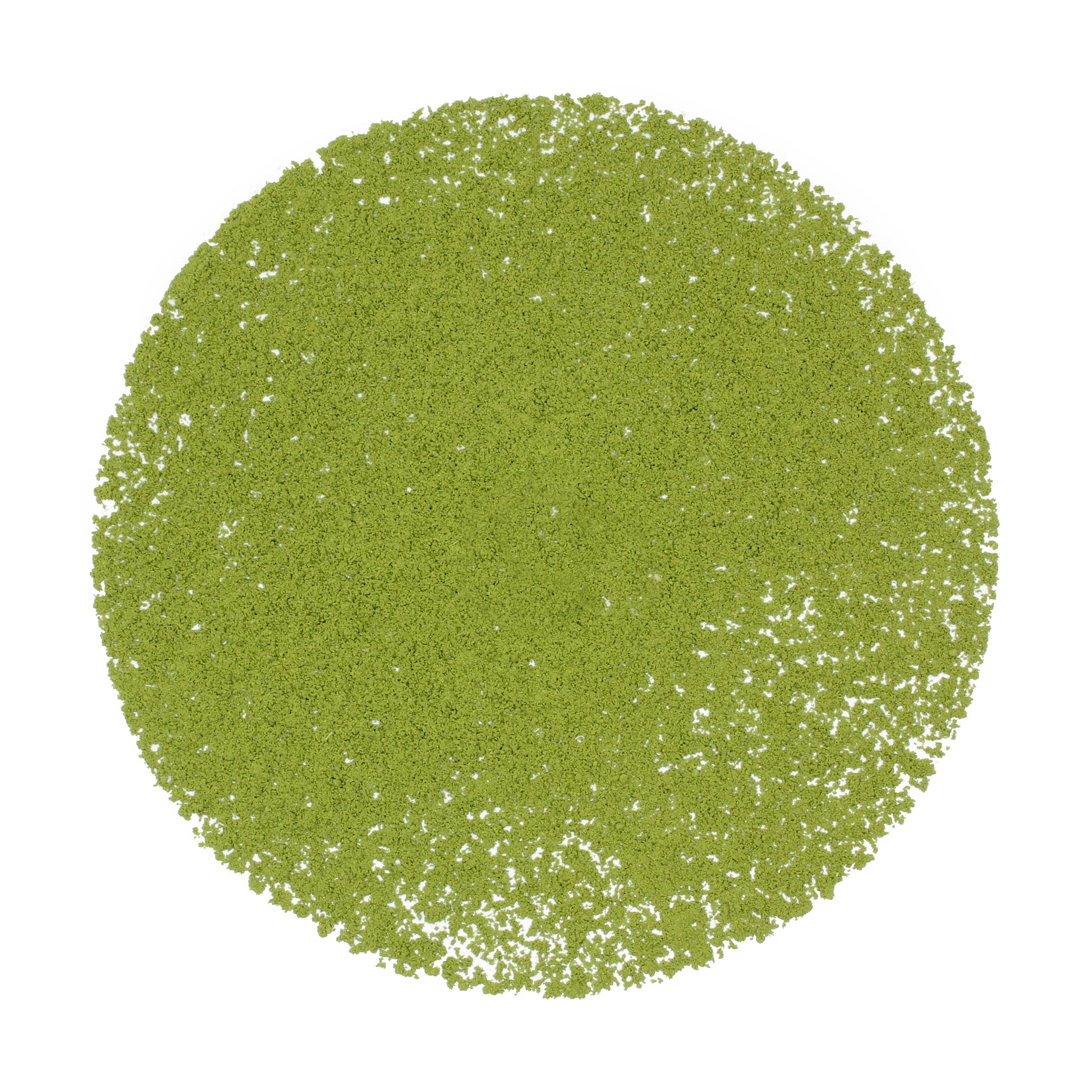 Loose pile of Gabaron Ceremonial Grade Matcha - Marukyu Koyamaen on a white background. Ingredients: Camellia sinensis leaves.