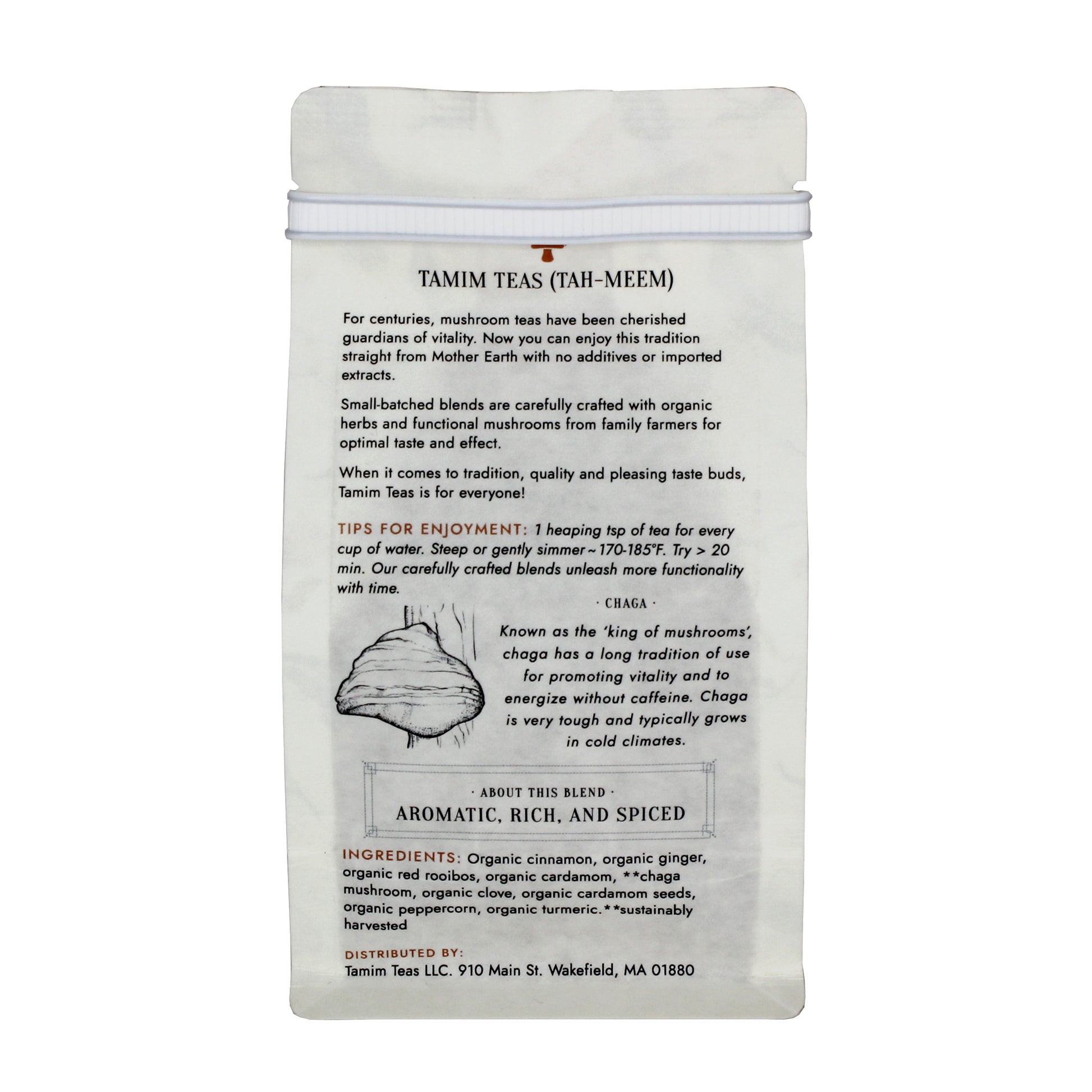 Herbal Chai - Tamim Teas - w Chaga & Turmeric - retail pouch - back