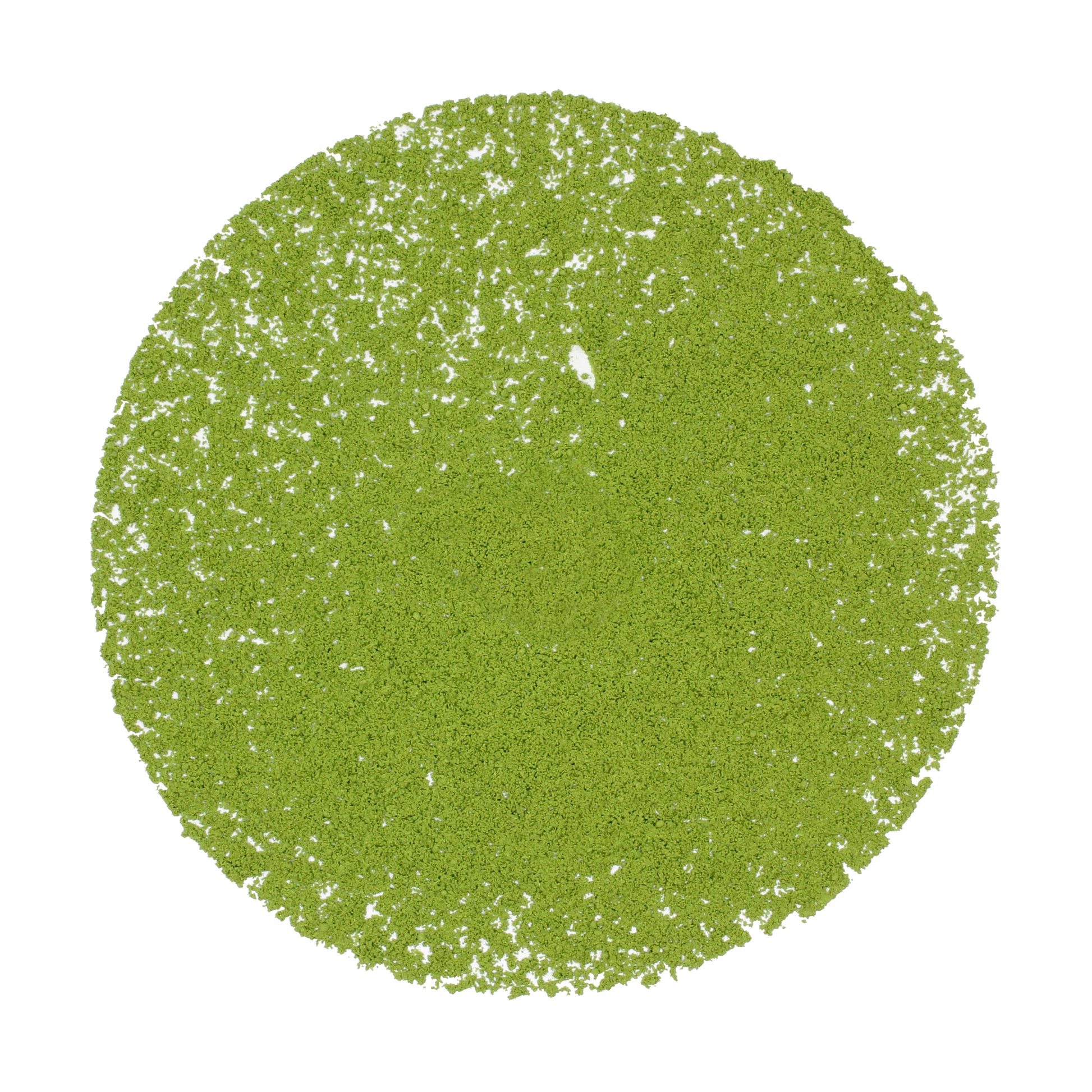 Loose pile of Matcha: Isuzu (Marukyu Koyamaen) on a white background. 