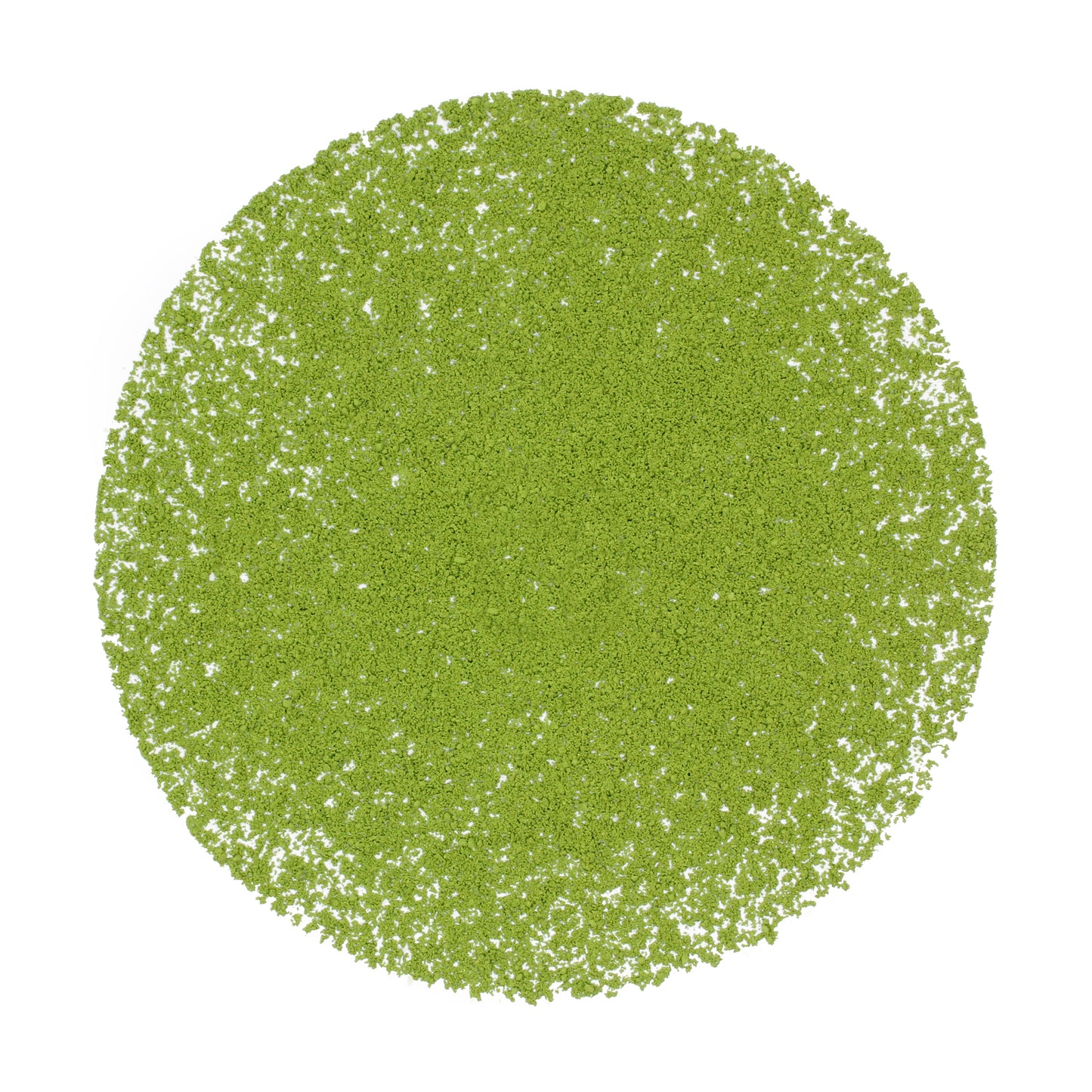 Loose pile of Matcha: Kinrin (Marukyu Koyamaen on a white back ground. Ingredients: Camellia sinensis leaves.
