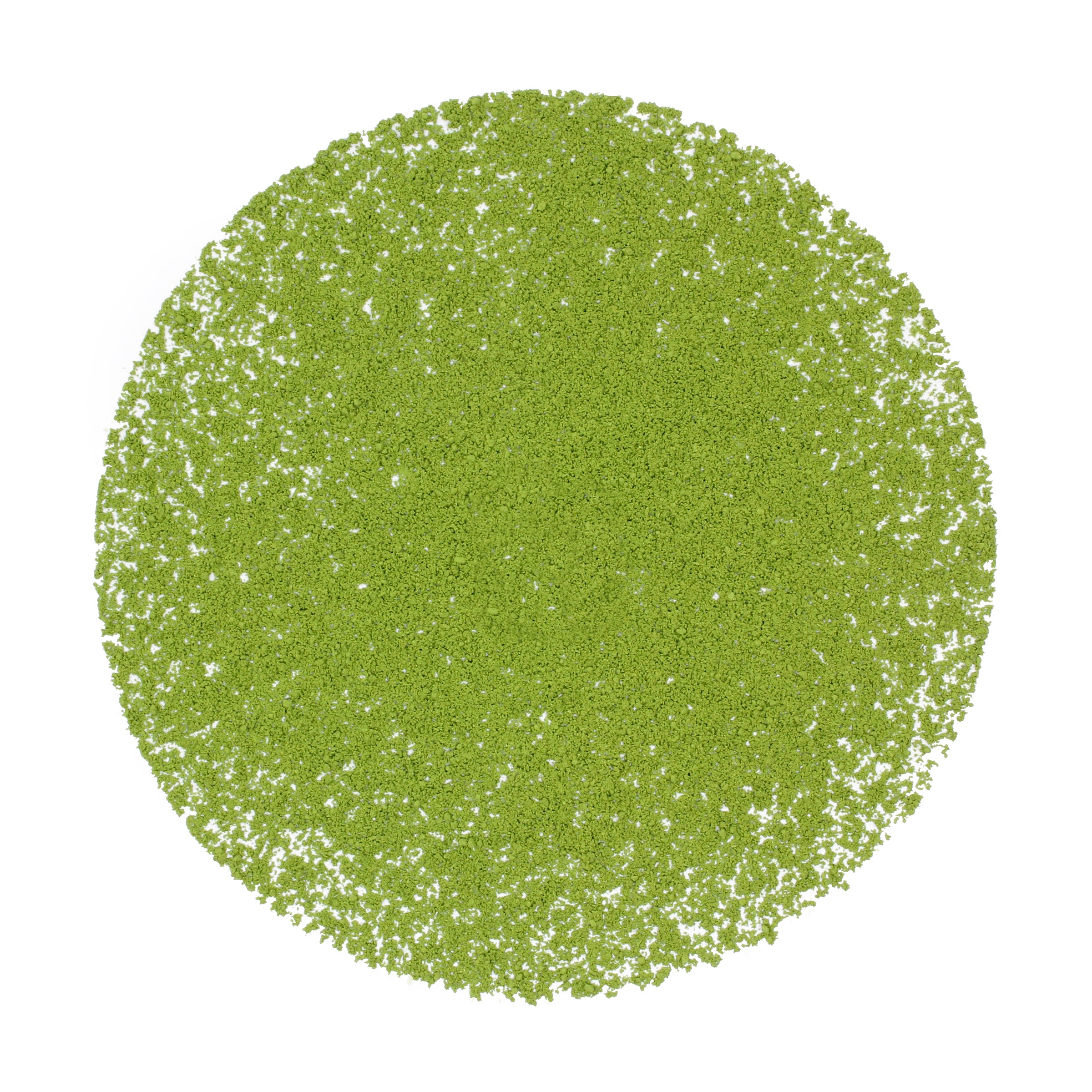 Loose pile of Matcha: Kinrin (Marukyu Koyamaen on a white back ground. Ingredients: Camellia sinensis leaves.