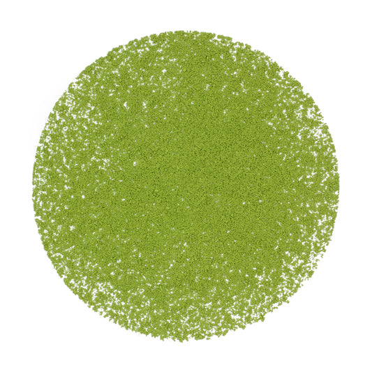 Loose pile of Matcha: Kinrin (Marukyu Koyamaen on a white back ground. Ingredients: Camellia sinensis leaves.