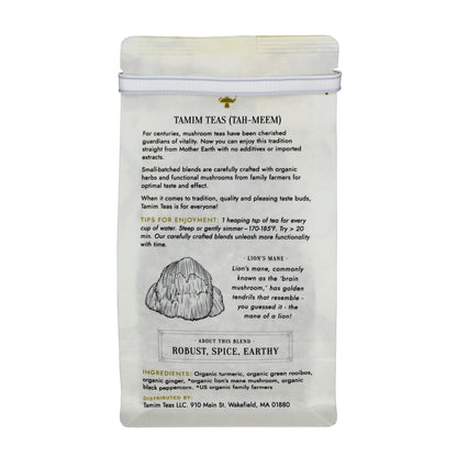 Lion's Spice - Tamim Teas - w Lion's Mane & Turmeric - retail pouch - back