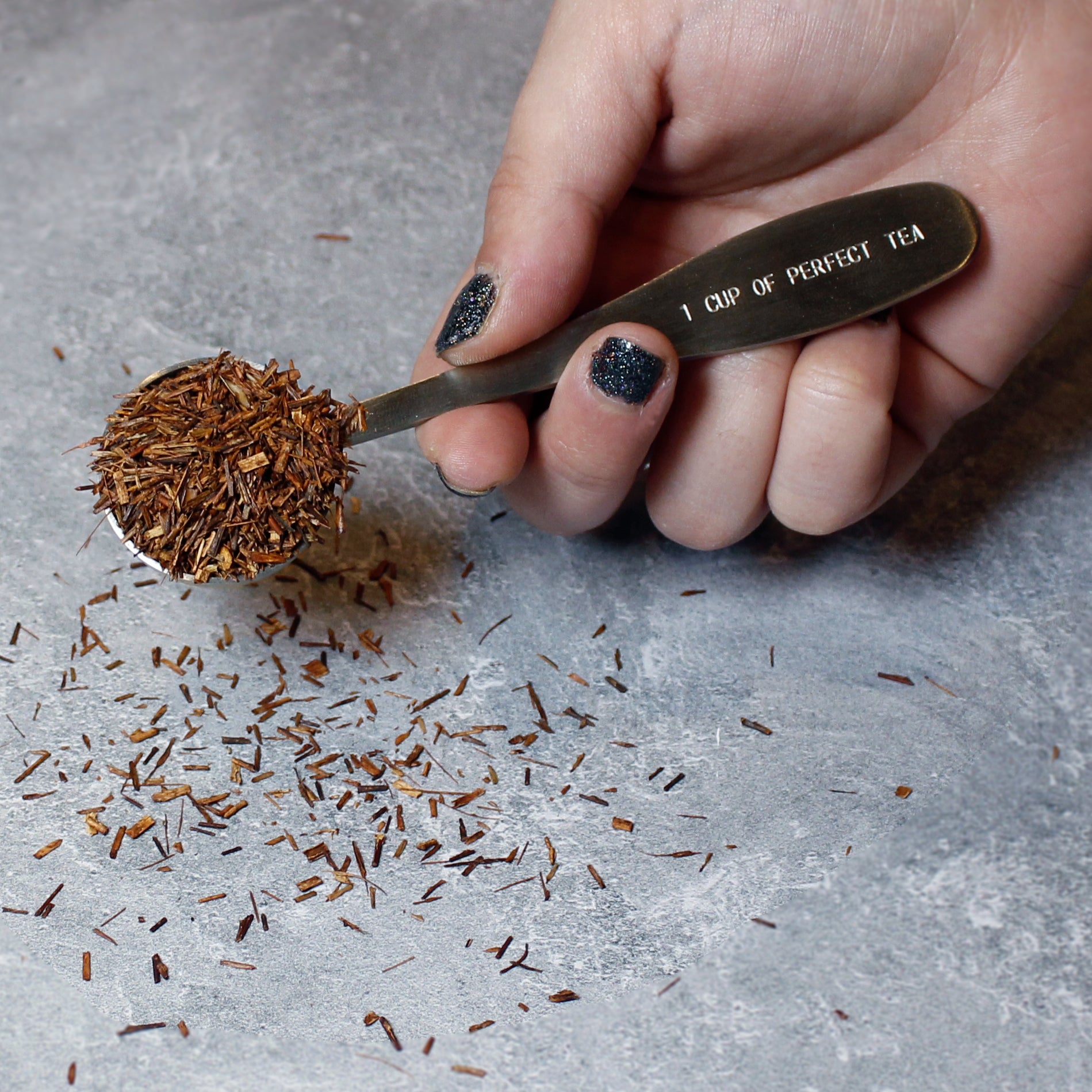 Hand holding a spoon filled with tea leaves on a gray surface