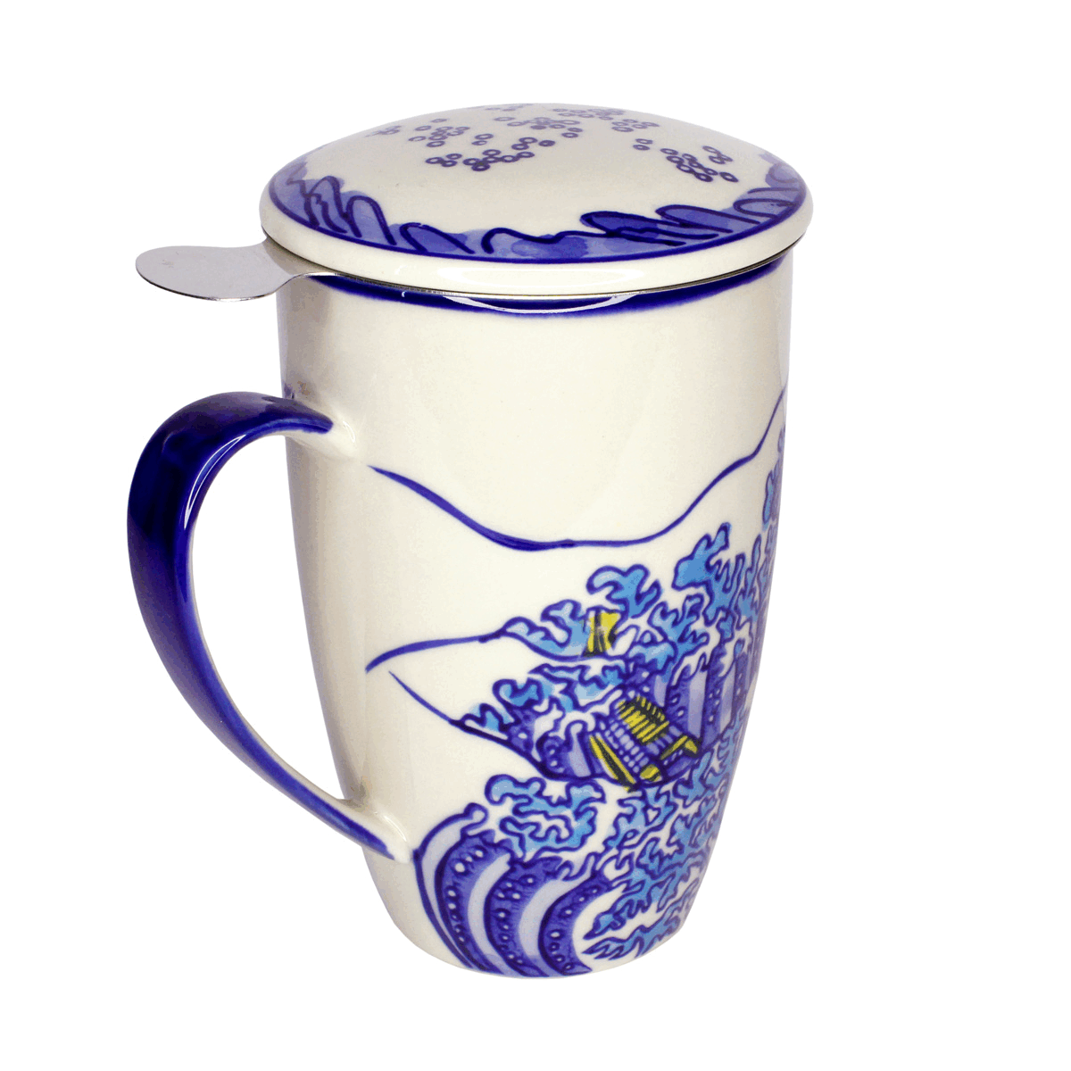 Reef Mug Infuser - gif- White mug with different shades of blue to make a design of waves crashing around small yellow boats. 