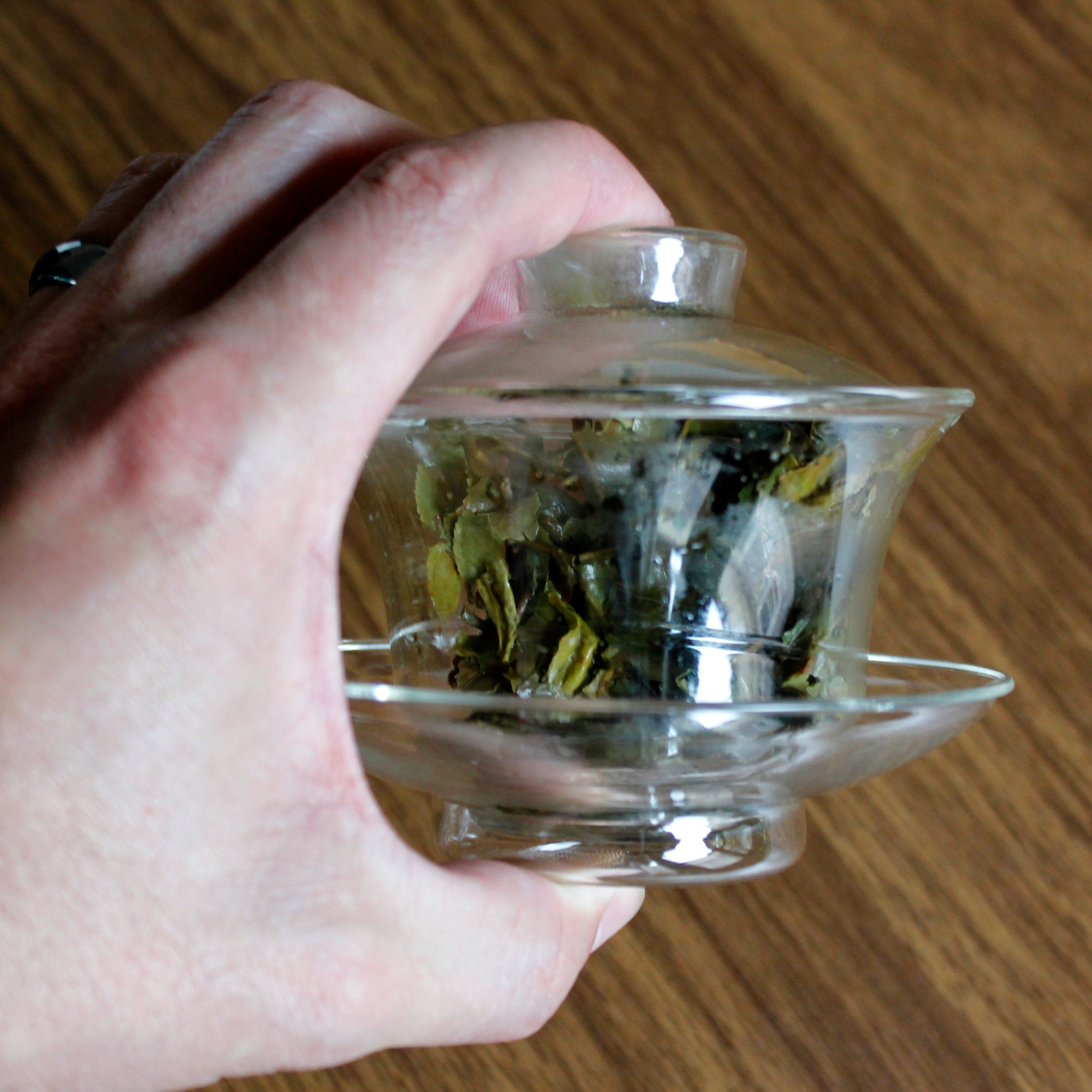 One hand holding the glass gaiwan so show how large it is in the hand. The cup is filled with wet tea leaves.