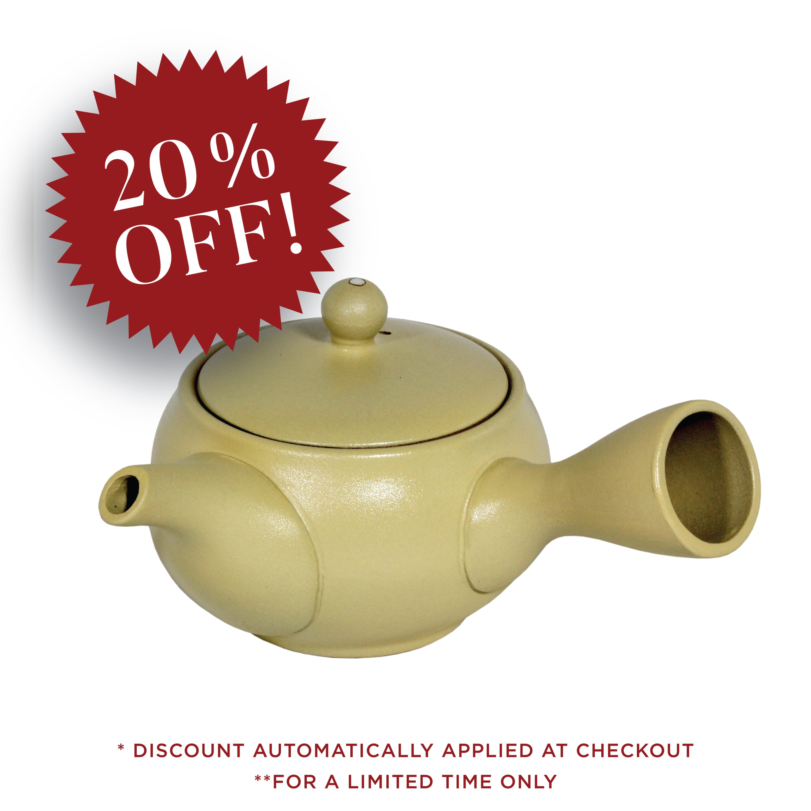 Beige teapot with a red discount label on a white background