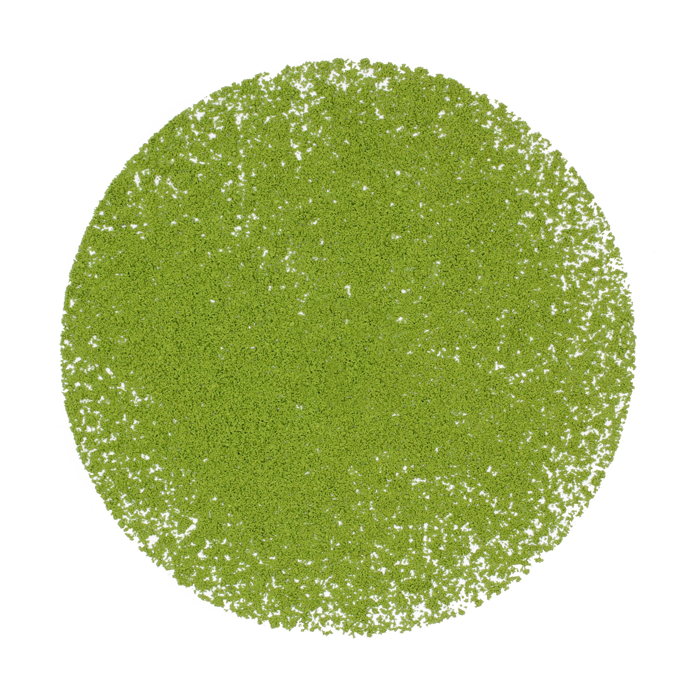 Loose pile of Matcha: Yugen (Marukyu Koyamaen) on white background. 